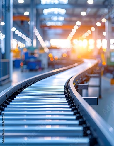 Elevated conveyor belt in a production facility, sun shining