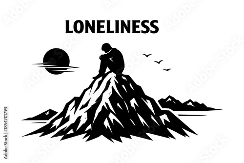 Silhouette of a lonely person sitting on a mountain peak at sunset