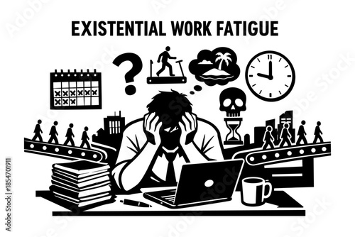 Man overwhelmed by existential work fatigue, surrounded by symbols of stress and monotony
