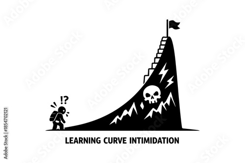 Overwhelmed person facing a steep mountain with skull and lightning bolts representing challenges