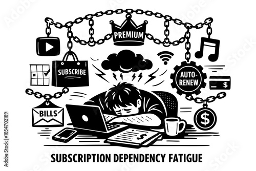 Overwhelmed person chained to subscriptions and bills, feeling exhausted