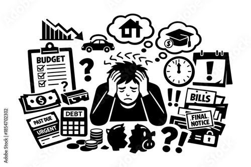 Man overwhelmed by financial stress, debt, and bills, with icons representing budget and expenses