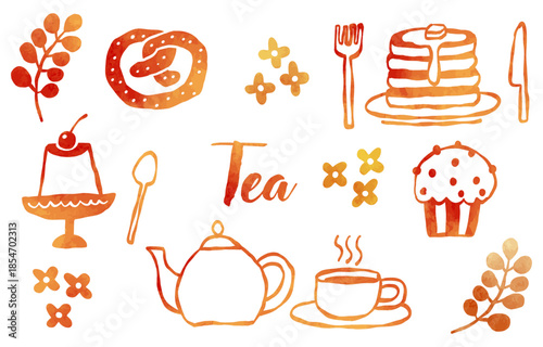 Hand-drawn coffee items illustration set with watercolor texture (brown)