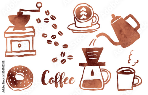 Hand-drawn coffee items illustration set with watercolor texture (brown)