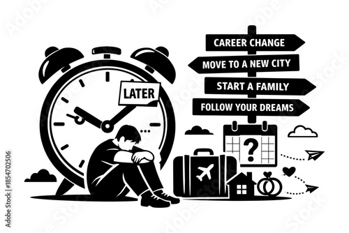 Man contemplating life choices with a clock and signpost indicating future paths