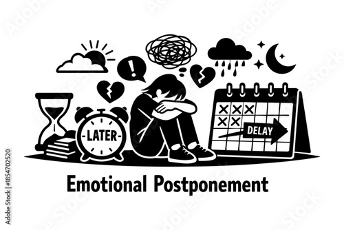 Sad person avoiding emotions with symbols of time, delay, and broken heart