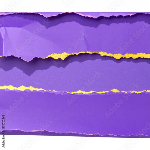 Purple torn paper strips layered over yellow, creating a textured design