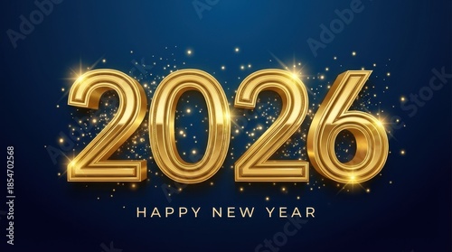 Gold 3D 2026 Happy New Year text with sparkles celebration