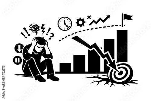 Man stressed about financial crisis and failing business graph with downward trend