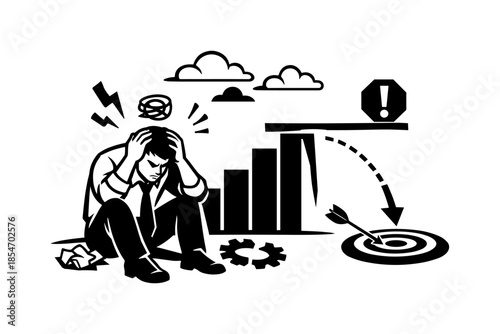 Stressed businessman sitting with head in hands near falling graph and missed target