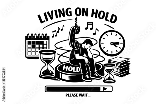 Frustrated person on hold with phone receiver and clock symbolizing waiting