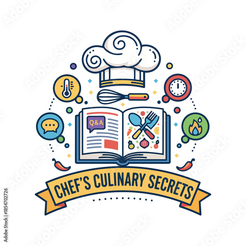 Chef presenting recipe breakdowns on a digital device in a kitchen setting illustration