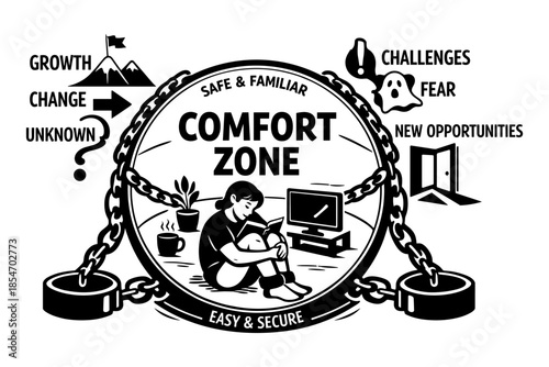 Comfort zone concept with chains, showing fear of unknown and new opportunities
