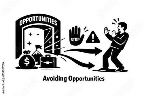 Man afraid of opportunities, business success, and financial growth symbols