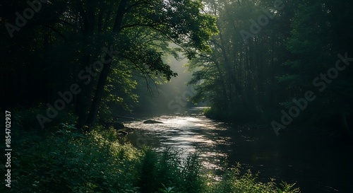 Sunlight Streams Through Lush Forest onto a Winding River.