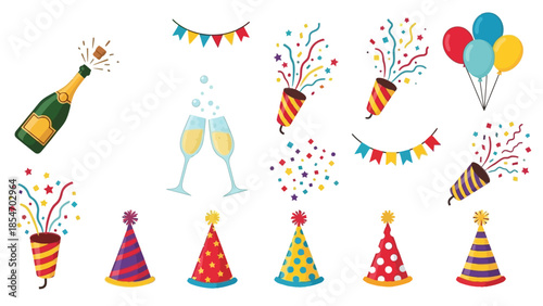 Celebration Party Elements Including Champagne Bottle and Confetti Poppers.