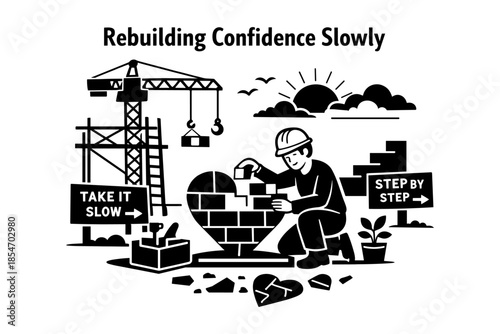 Man rebuilding a broken heart with bricks, symbolizing recovery and self-care