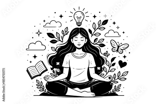 Woman meditating with a lightbulb above her head, surrounded by nature and symbols of knowledge
