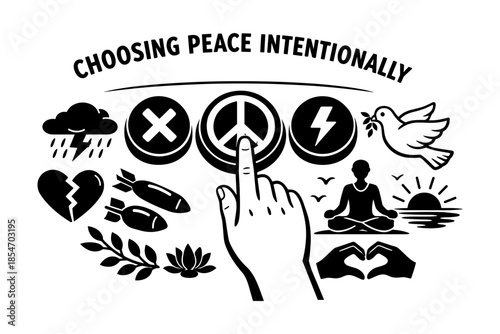 Choosing peace intentionally: hand pressing peace symbol button over conflict icons