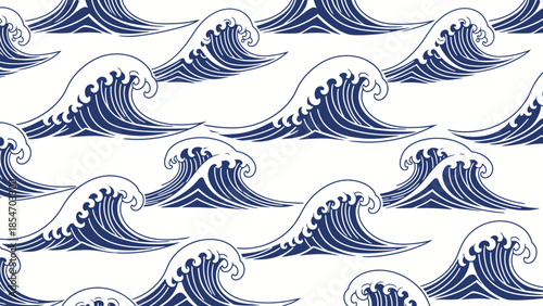 Elegant seamless pattern featuring stylized blue ocean waves on a crisp white background, creating a dynamic and fluid marine design perfect for various decorative applications
