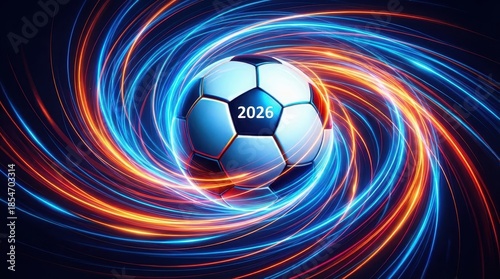 Dynamic soccer ball with 2026 year in a light vortex