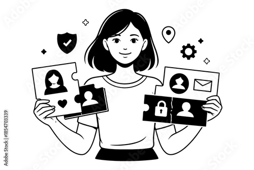Woman assembling puzzle pieces representing user profiles and security icons