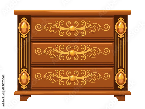 Vector illustration of a luxurious wooden dresser with intricate gold details in a modern home interior design