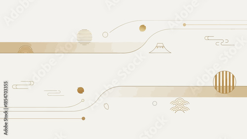 Contemporary Serene Abstract Design with East Asian Inspired Motifs, featuring Harmonious Golden Lines, Geometric Shapes, and Subtle Cultural Elements for a Modern Aesthetic