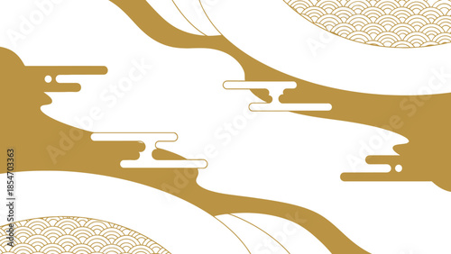 Stylized Japanese Abstract Background Featuring Golden Waves, Serene Clouds, and Traditional Patterns on a Crisp White Canvas, Evoking Calm and Cultural Heritage