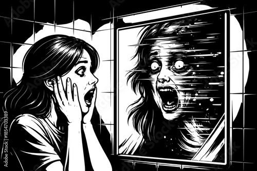 Woman screams in horror at her distorted reflection in a dark bathroom mirror