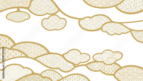 Golden Japanese-inspired clouds and landscape patterns in traditional style, offering an elegant and serene Asian artistic background or decorative design