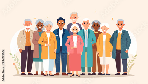 Diverse group of happy senior citizens standing together, representing a thriving elderly community and the joy of aging gracefully in a supportive social environment