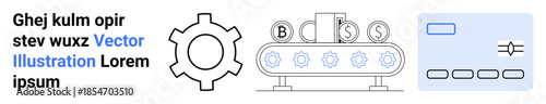 Gear, conveyor belt with currency symbols, and digital interface represent automation, finance, and payment systems. Ideal for fintech, automation, banking, digital tools analytics innovation