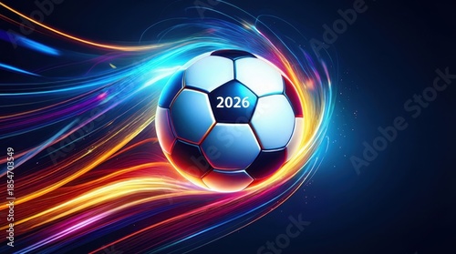 Soccer ball 2026 with colorful light streaks in motion