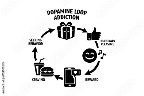Dopamine loop addiction cycle diagram showing seeking behavior, craving, reward, and temporary pleasure