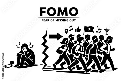 FOMO concept: isolated person versus group enjoying social activities