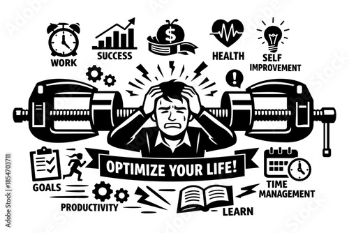Man stressed in a vice grip surrounded by icons of life optimization goals