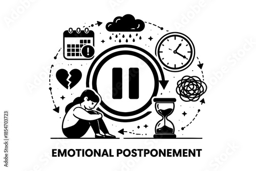 Emotional postponement concept with pause button, broken heart, and hourglass
