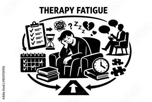 Therapy fatigue concept illustration with exhausted patient and therapist session symbols