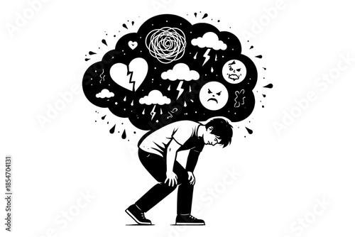Man burdened by negative thoughts and emotions, illustrated in black and white