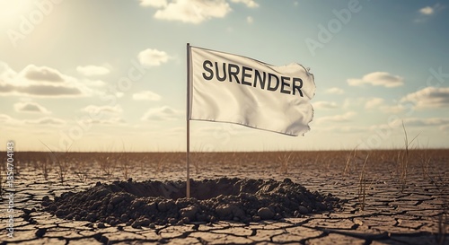 White flag of surrender planted in cracked dry earth under a dramatic sky.