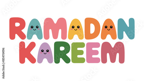 Ramadan Kareem Illustration: Festive and colorful illustration of Ramadan Kareem text with charming, friendly character. Expressing the spirit of Ramadan. 