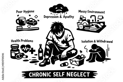 Chronic self neglect illustrated with icons of depression, poor hygiene, and isolation