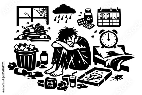 Depressed person surrounded by symbols of neglect and unhealthy lifestyle choices
