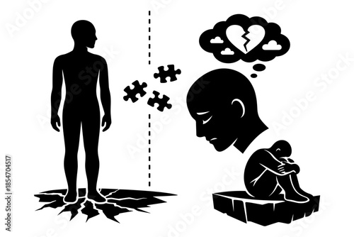 Mental health concept: broken person and fragmented self, symbolizing depression and anxiety