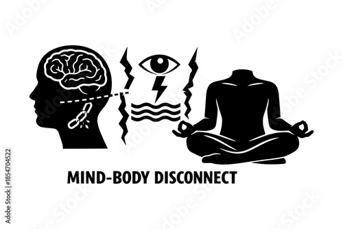 Mind-body disconnect concept illustration with brain, eye, and meditating figure