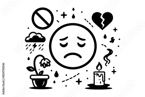 Sadness and despair symbols: broken heart, wilting flower, sad face, and candle