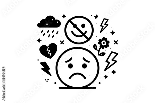 Sad emoji surrounded by symbols of distress and negativity, representing emotional turmoil