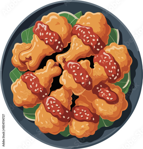 Korean fried chicken vector illustration with spicy glaze and sesame seeds on plate isolated