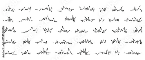 Grass black line doodle set 40. Outline grassland or meadow sketch simple field design. Black grass stroke hand drawn texture for garden pattern. Vector illustration.